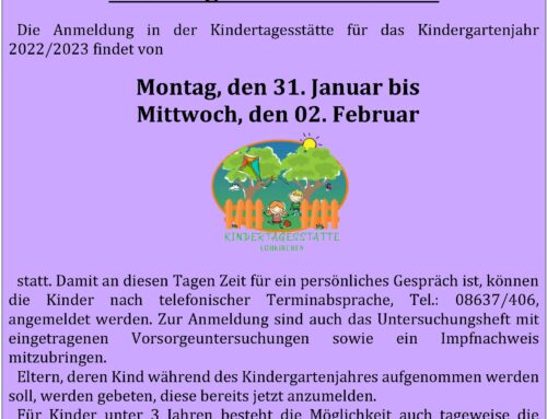 Anmeldung für die Kindertagesstätte Lohkirchen, Kindergartenjahr 2022/23